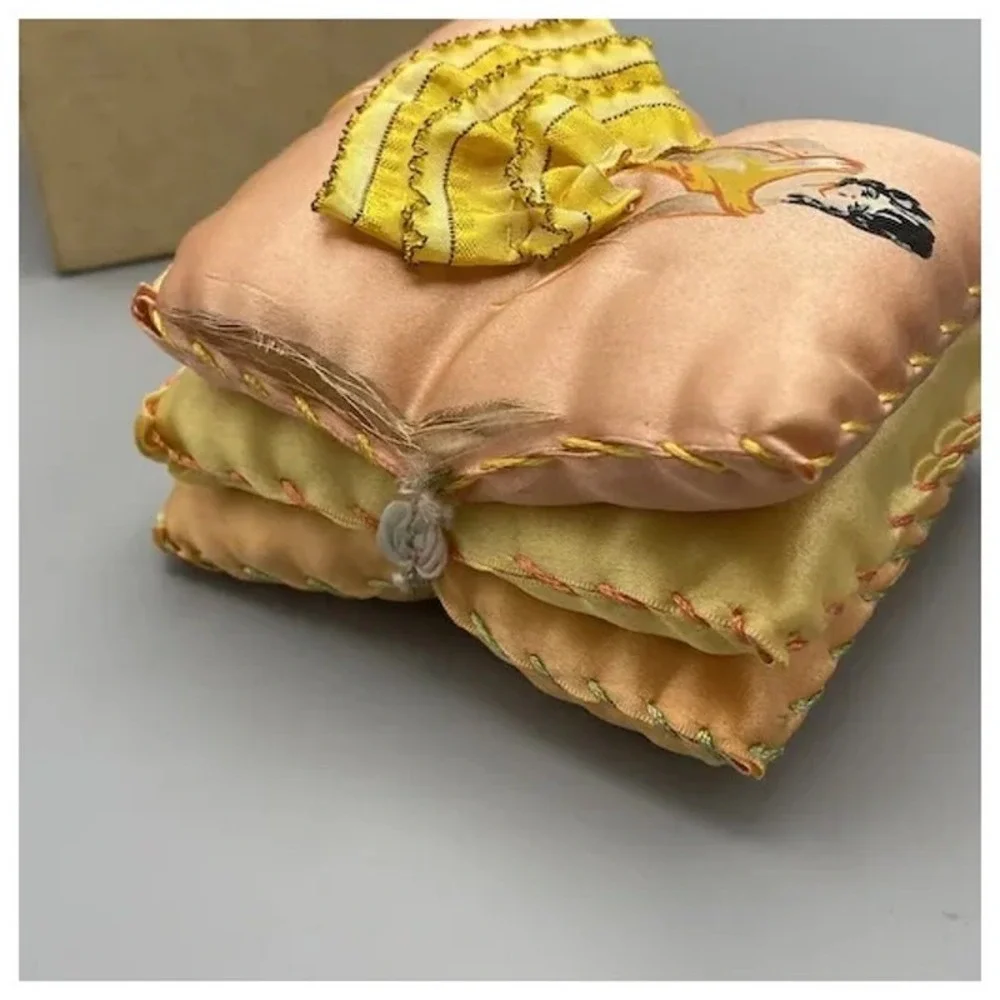 Vintage Handpainted Pillow Style Pincushion Girl‎ Ruffled Dress AS IS